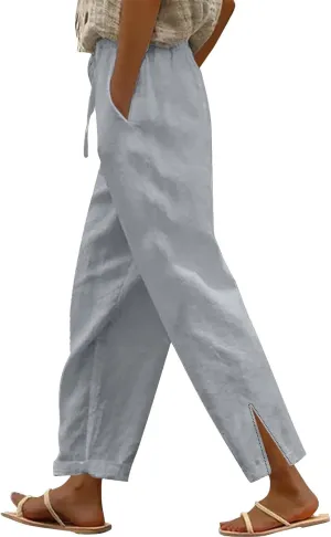 Linen Pants for Women 2025 Summer High Waist Elastic Straight Leg Pant Casual Loose Lightweight Beach Trousers