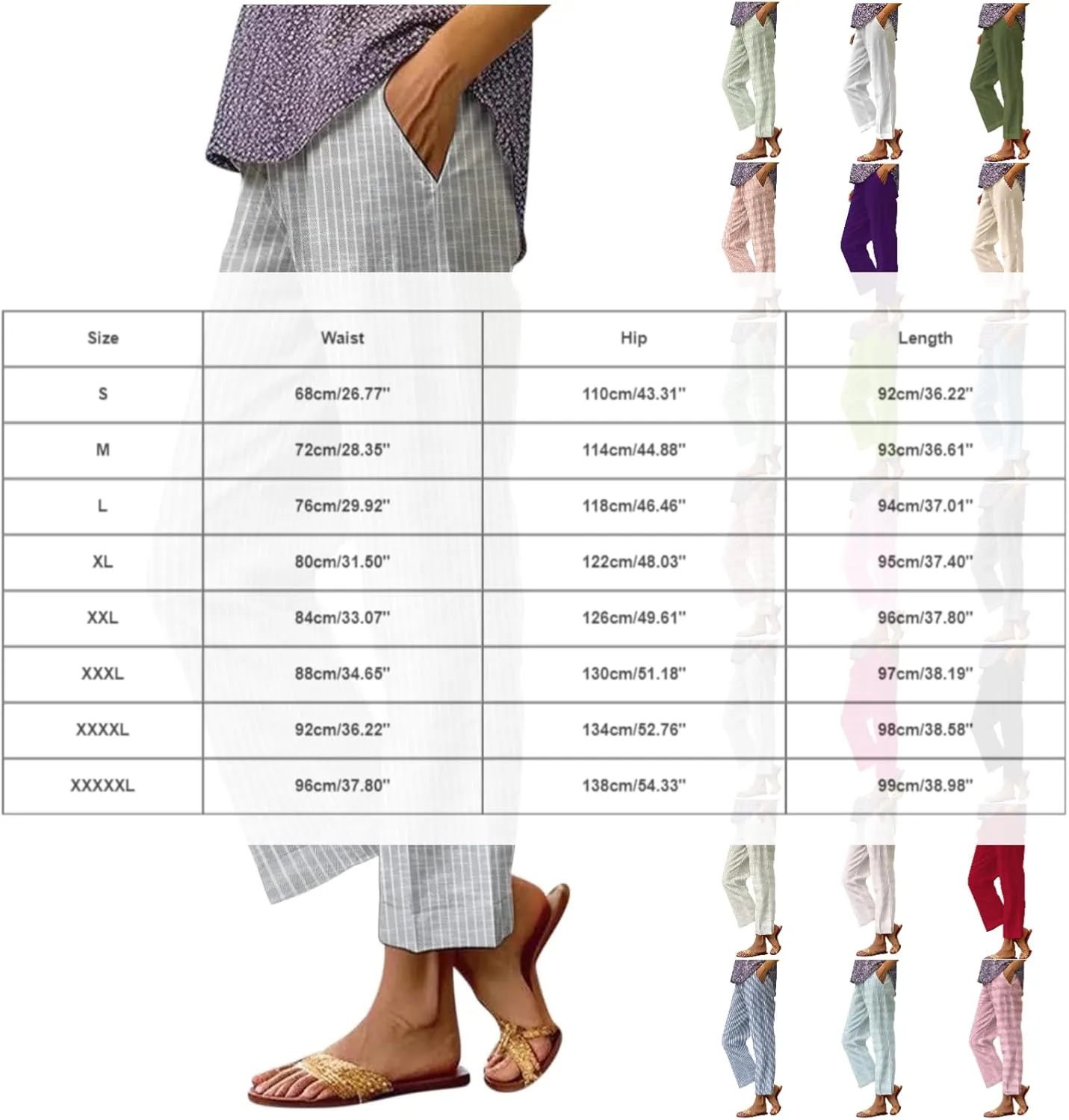 Linen Pants for Women Dressy Elastic Waisted Straight Leg Lounge Trousers Petite Summer Striped Plus Size Work Slacks