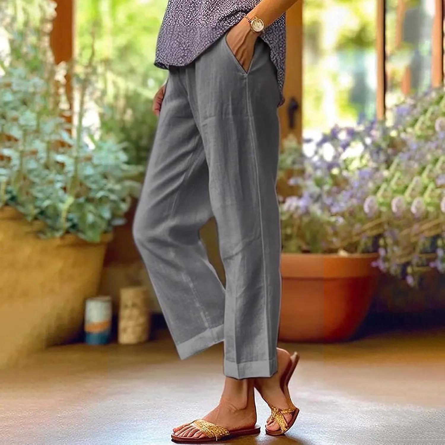 Linen Pants for Women Dressy Elastic Waisted Straight Leg Lounge Trousers Petite Summer Striped Plus Size Work Slacks
