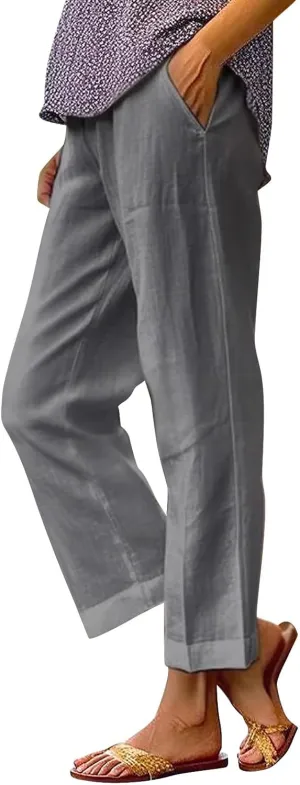 Linen Pants for Women Dressy Elastic Waisted Straight Leg Lounge Trousers Petite Summer Striped Plus Size Work Slacks