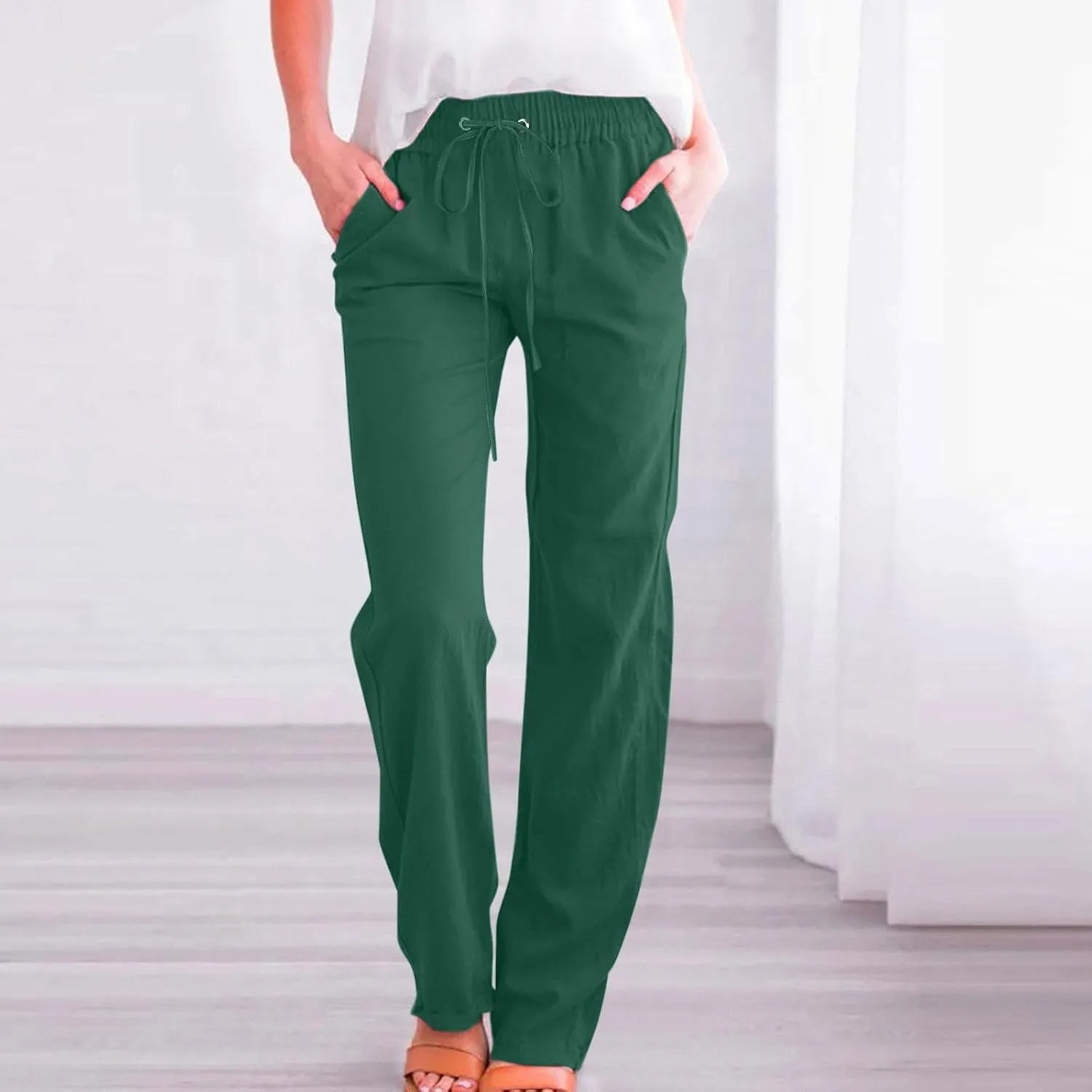 LRMQS Linen Pants Women Beach Vacation Elastic Waist Drawstring Cotton Trousers Pant Gauze Loose 2025 Casual Summer Clothes