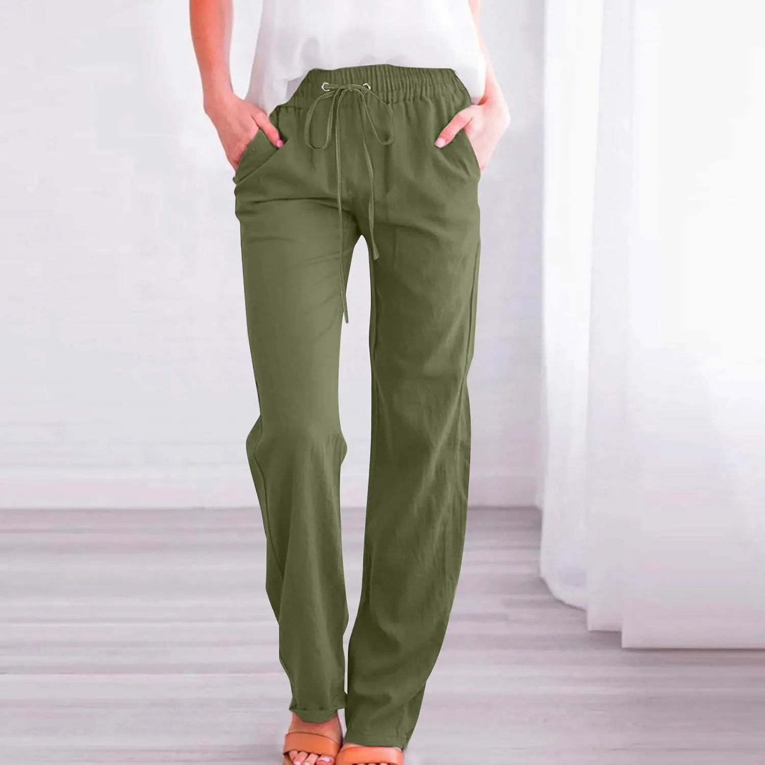 LRMQS Linen Pants Women Beach Vacation Elastic Waist Drawstring Cotton Trousers Pant Gauze Loose 2025 Casual Summer Clothes