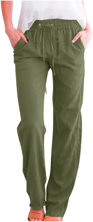 LRMQS Linen Pants Women Beach Vacation Elastic Waist Drawstring Cotton Trousers Pant Gauze Loose 2025 Casual Summer Clothes