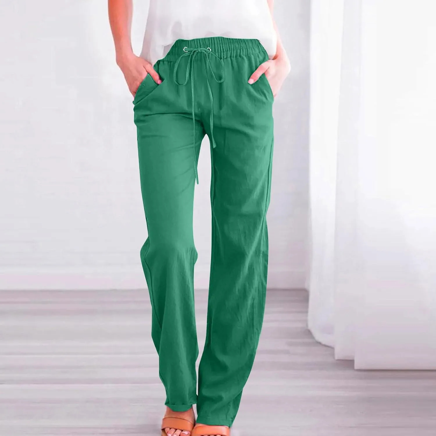 LRMQS Linen Pants Women Beach Vacation Elastic Waist Drawstring Cotton Trousers Pant Gauze Loose 2025 Casual Summer Clothes