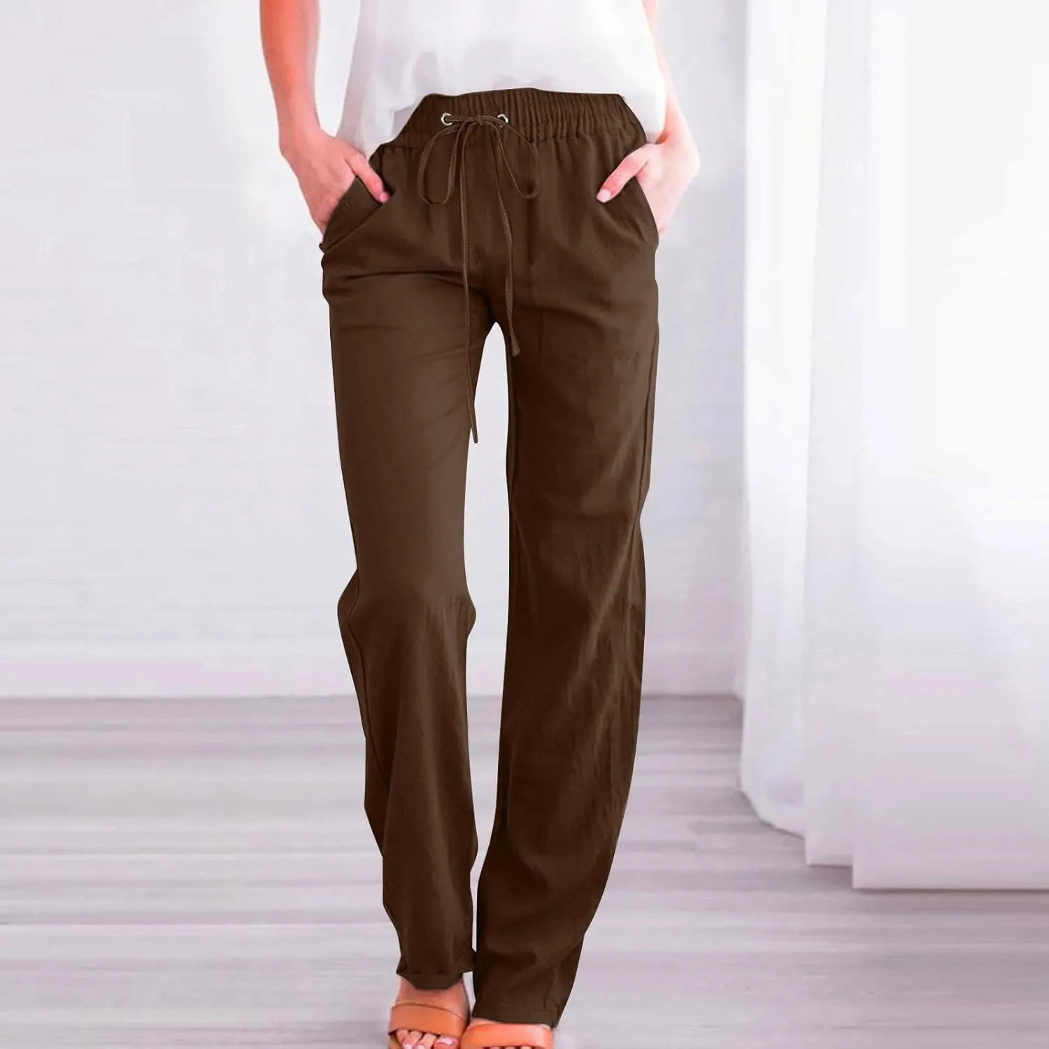 LRMQS Linen Pants Women Beach Vacation Elastic Waist Drawstring Cotton Trousers Pant Gauze Loose 2025 Casual Summer Clothes