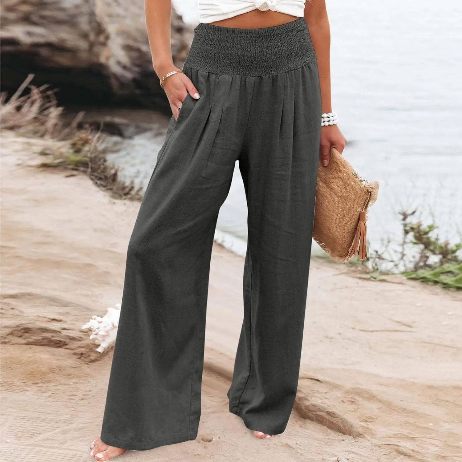 LRMQS Palazzo Pants for Women Casual Plus Size Wide Leg High Waist Lounge Cotton Linen Pant 2025 Beach Gauze Summer Clothes