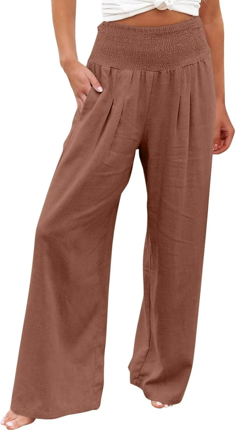 LRMQS Palazzo Pants for Women Casual Plus Size Wide Leg High Waist Lounge Cotton Linen Pant 2025 Beach Gauze Summer Clothes