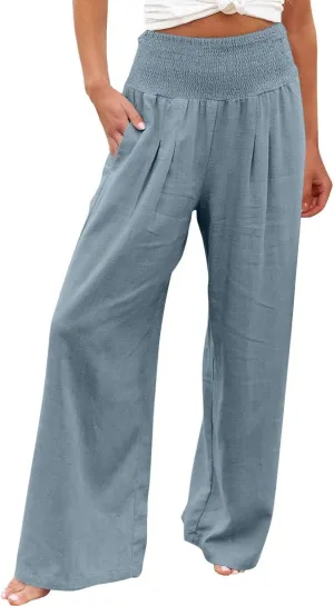 LRMQS Palazzo Pants for Women Casual Plus Size Wide Leg High Waist Lounge Cotton Linen Pant 2025 Beach Gauze Summer Clothes