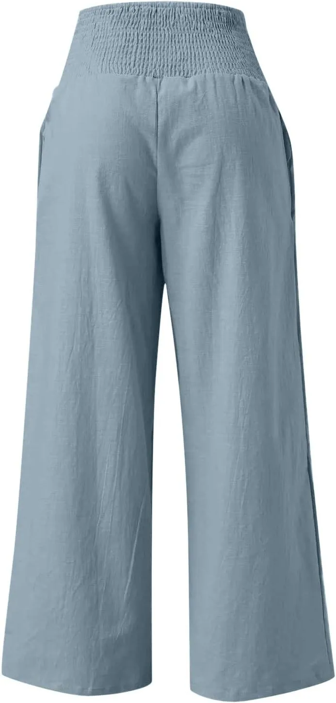 LRMQS Palazzo Pants for Women Casual Plus Size Wide Leg High Waist Lounge Cotton Linen Pant 2025 Beach Gauze Summer Clothes