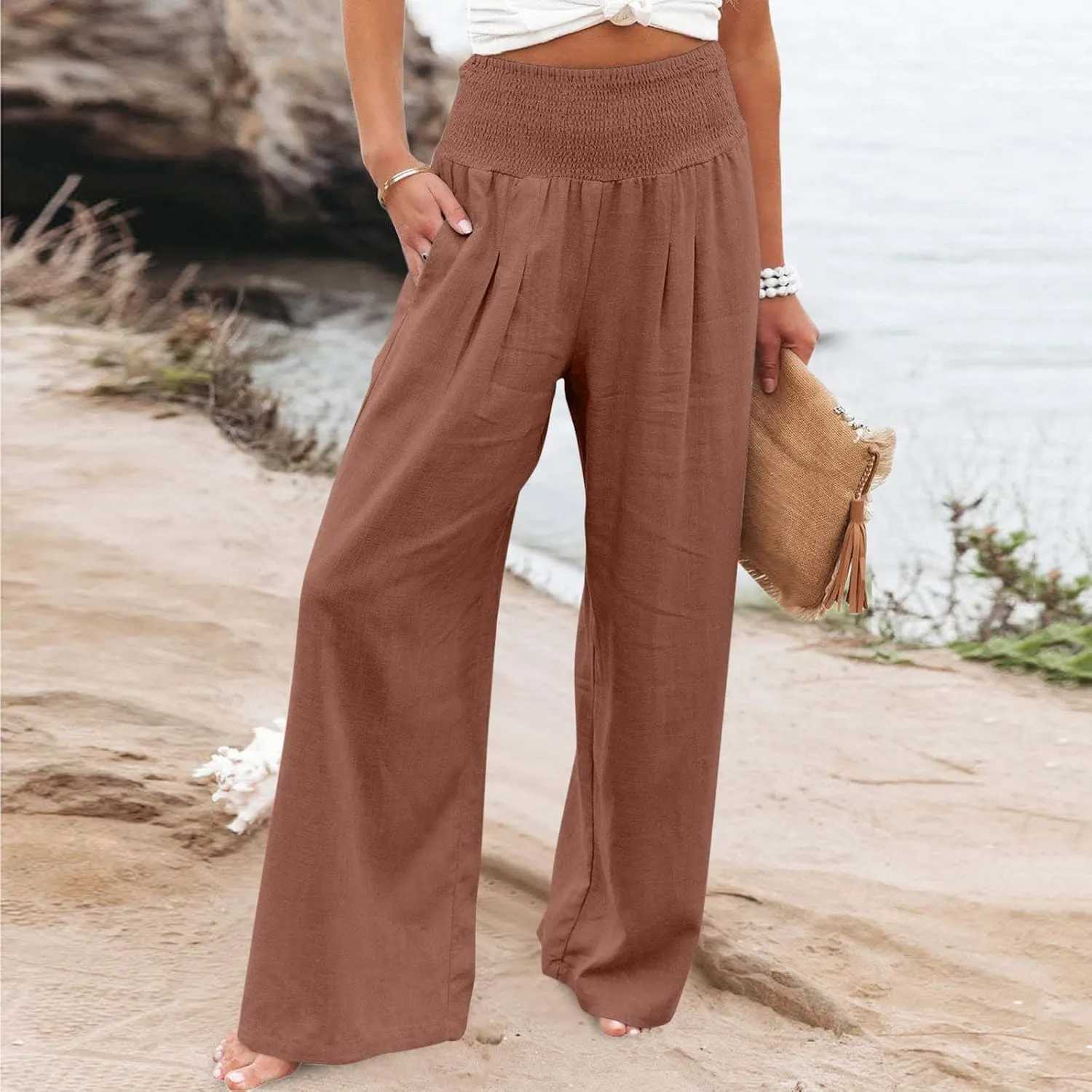 LRMQS Palazzo Pants for Women Casual Plus Size Wide Leg High Waist Lounge Cotton Linen Pant 2025 Beach Gauze Summer Clothes