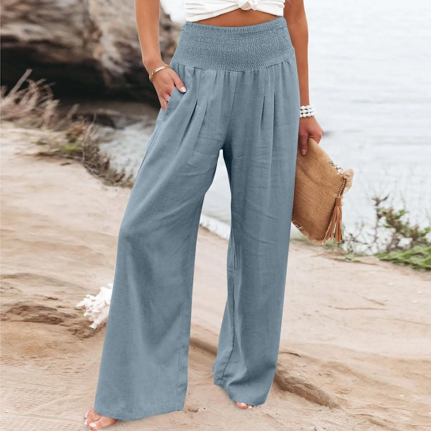 LRMQS Palazzo Pants for Women Casual Plus Size Wide Leg High Waist Lounge Cotton Linen Pant 2025 Beach Gauze Summer Clothes