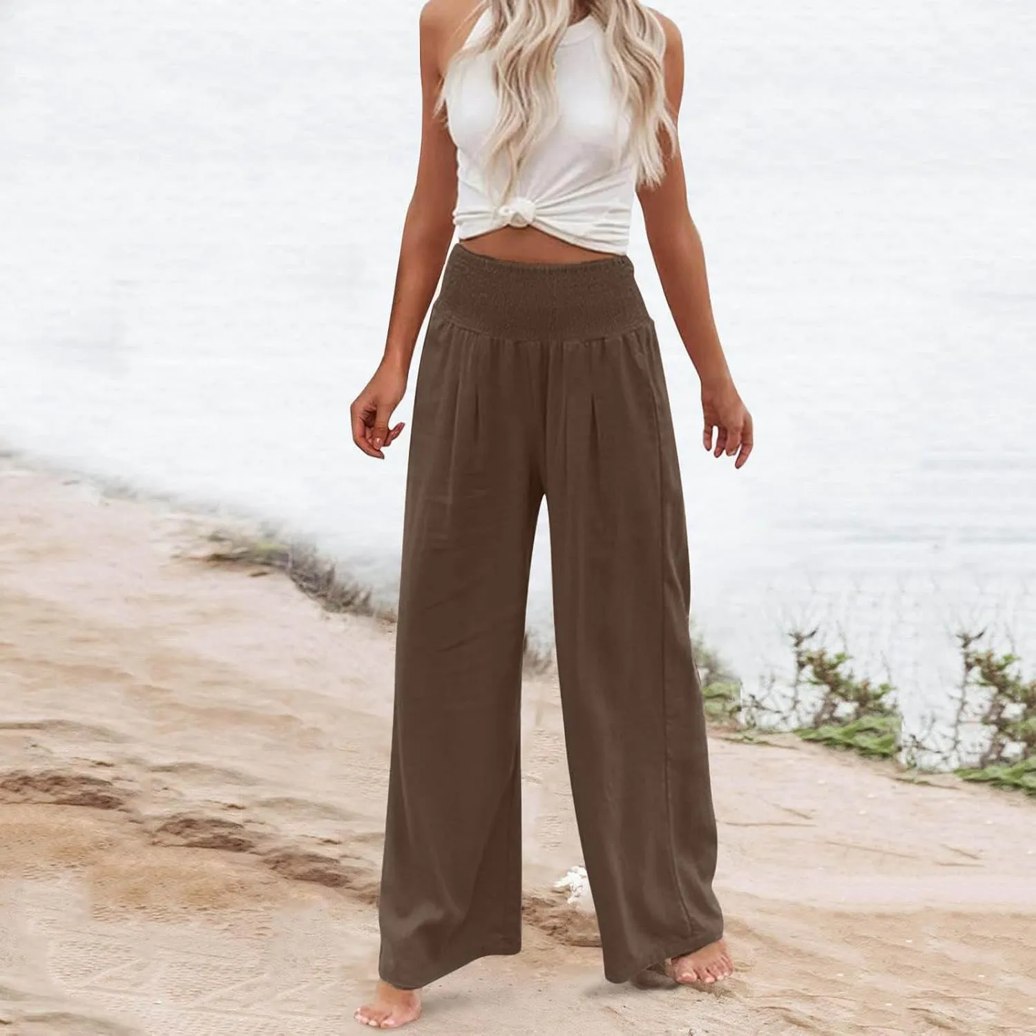 LRMQS Palazzo Pants for Women Casual Plus Size Wide Leg High Waist Lounge Cotton Linen Pant 2025 Beach Gauze Summer Clothes