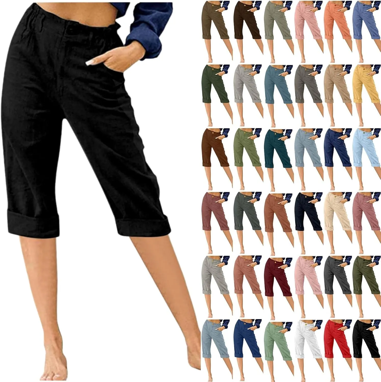 LRMQS Womens Capris for Summer Cotton Linen Pants Casual 2025 Loose Comfy Trendy Elastic Waist Cropped Trouser Beach Clothes