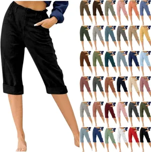 LRMQS Womens Capris for Summer Cotton Linen Pants Casual 2025 Loose Comfy Trendy Elastic Waist Cropped Trouser Beach Clothes