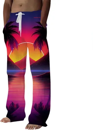 Mens Beach Linen Pants Drawstring Loose Fit Joggers Fashion Print Pant 2024 Summer Long Trousers with Pockets Chinos Pants Men