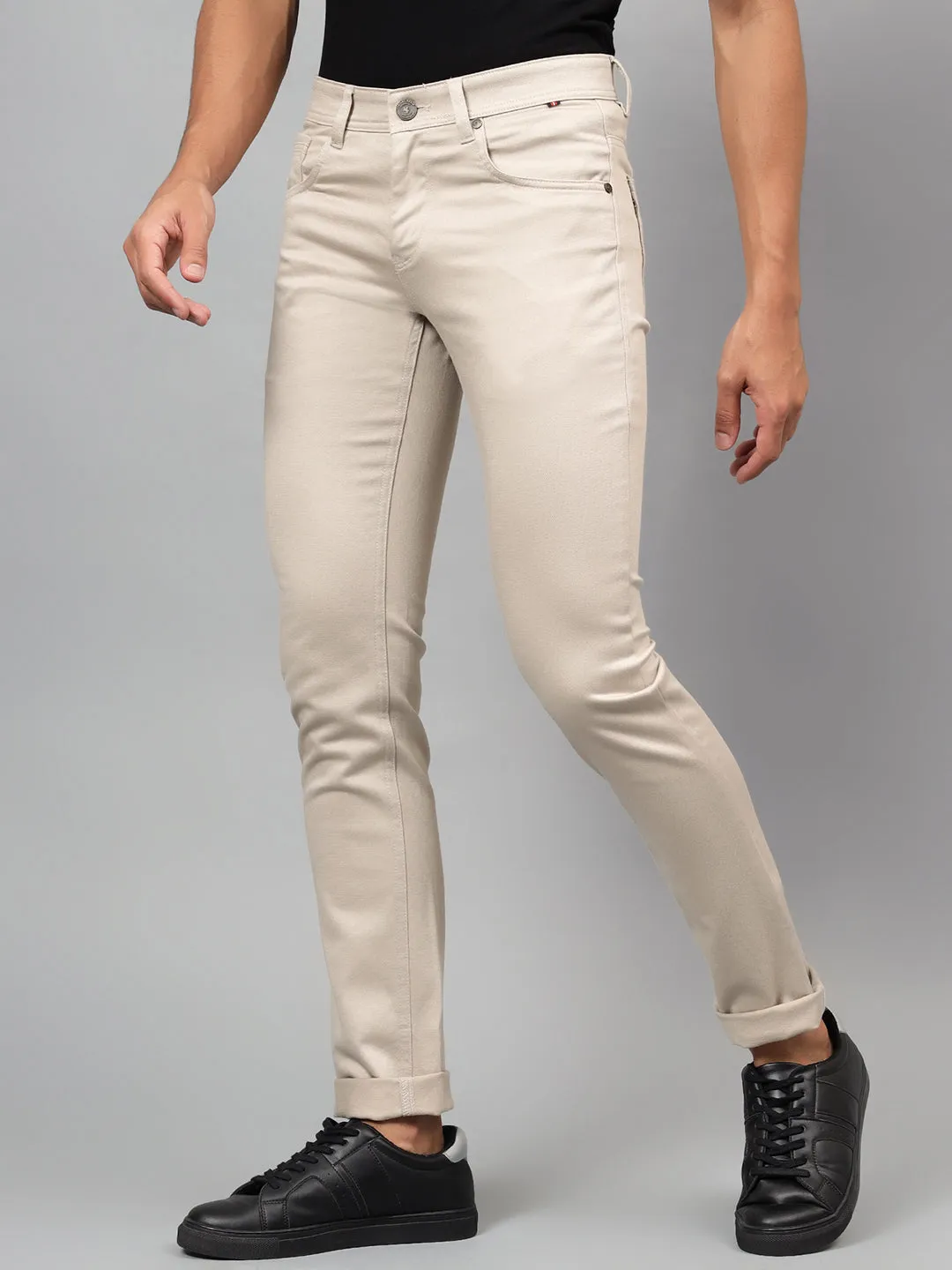 Men's Beige Self-Design Non-Pleated Casual Trouser