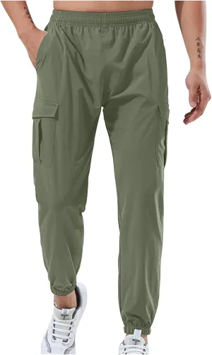 Mens Casual Joggers Pants Elastic Drawstring Tapered Cargo Hiking Pants Outdoor Track Sweatpants with Multi Pockets
