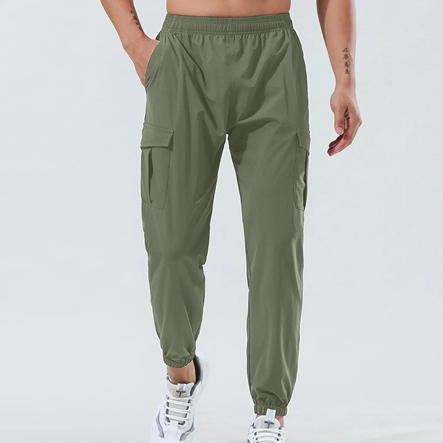 Mens Casual Joggers Pants Elastic Drawstring Tapered Cargo Hiking Pants Outdoor Track Sweatpants with Multi Pockets