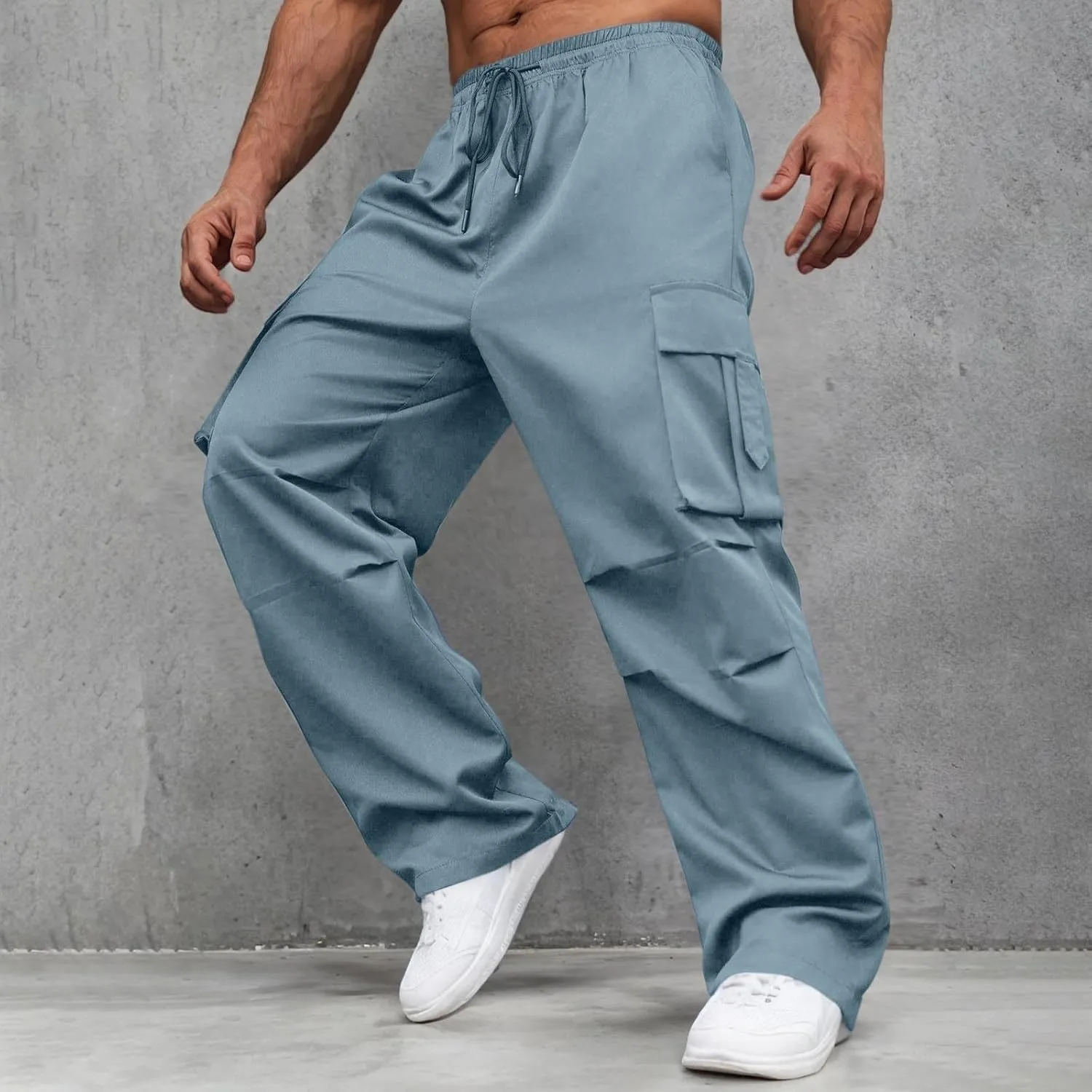 Men's Casual Loose Cargo Pants Straight Multi-Pocket Work Pants