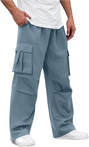 Men's Casual Loose Cargo Pants Straight Multi-Pocket Work Pants