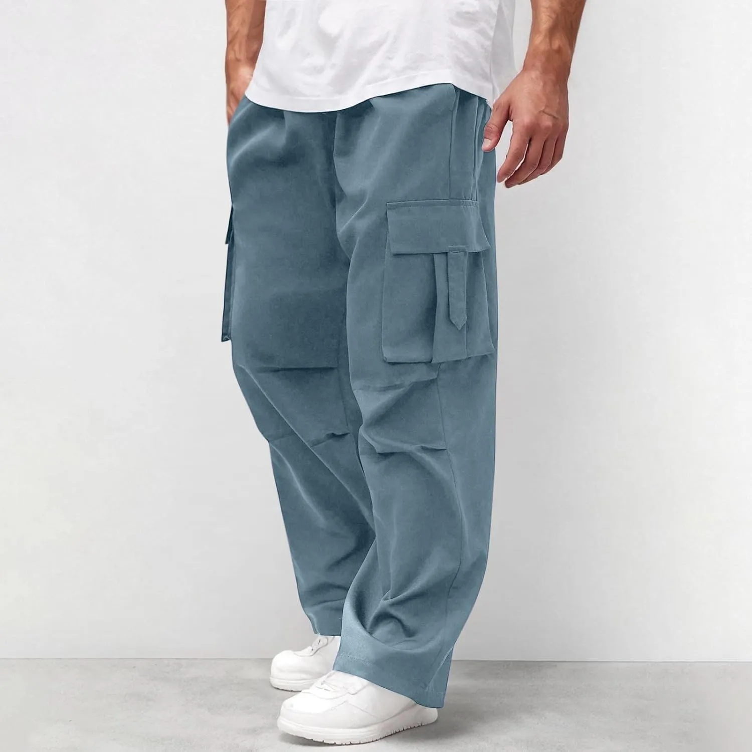 Men's Casual Loose Cargo Pants Straight Multi-Pocket Work Pants