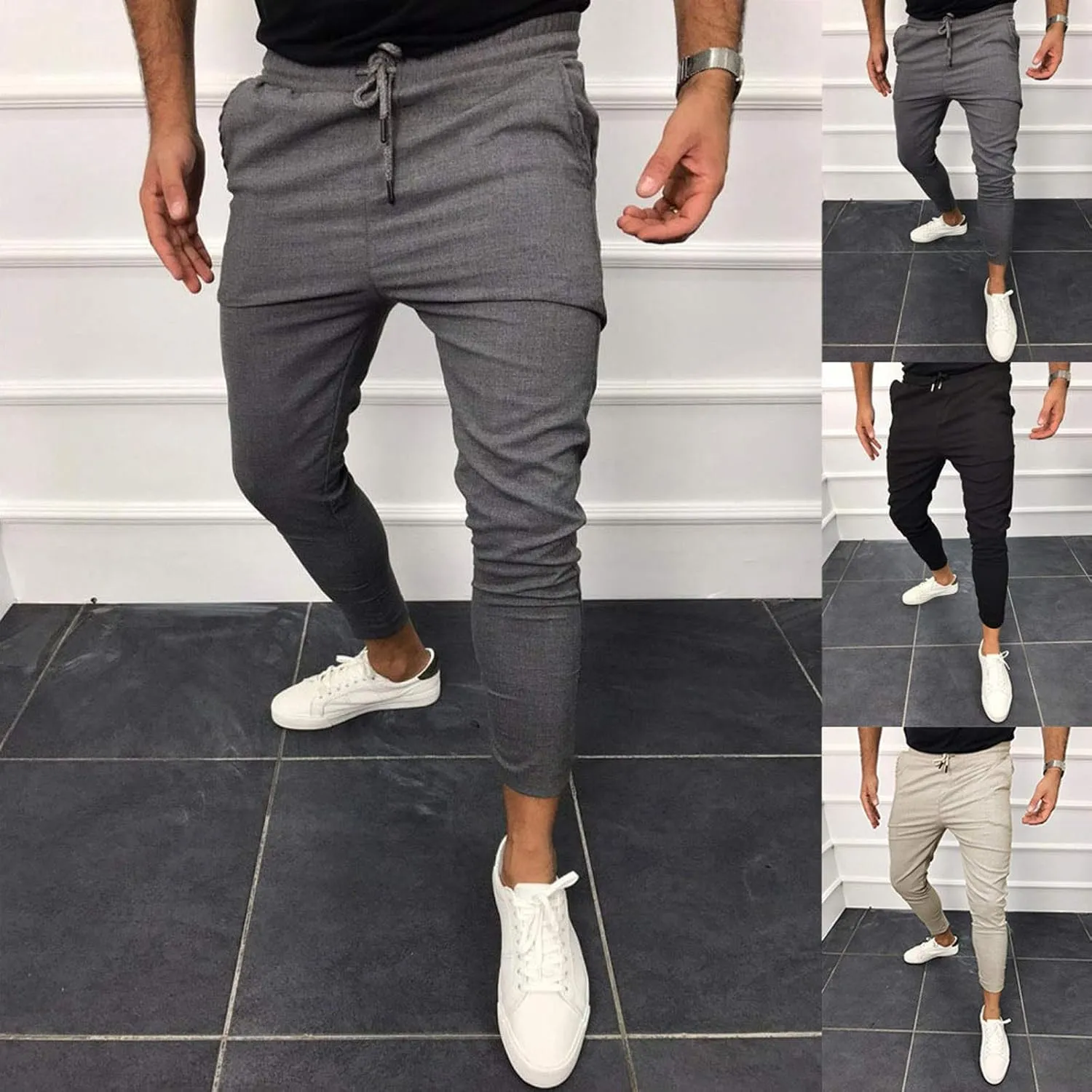 Mens Chinos Slim Fit Stretch Flat-Front Skinny Dress Pants, Plaid Print Zipper Up Long Lightweight Pants Trousers