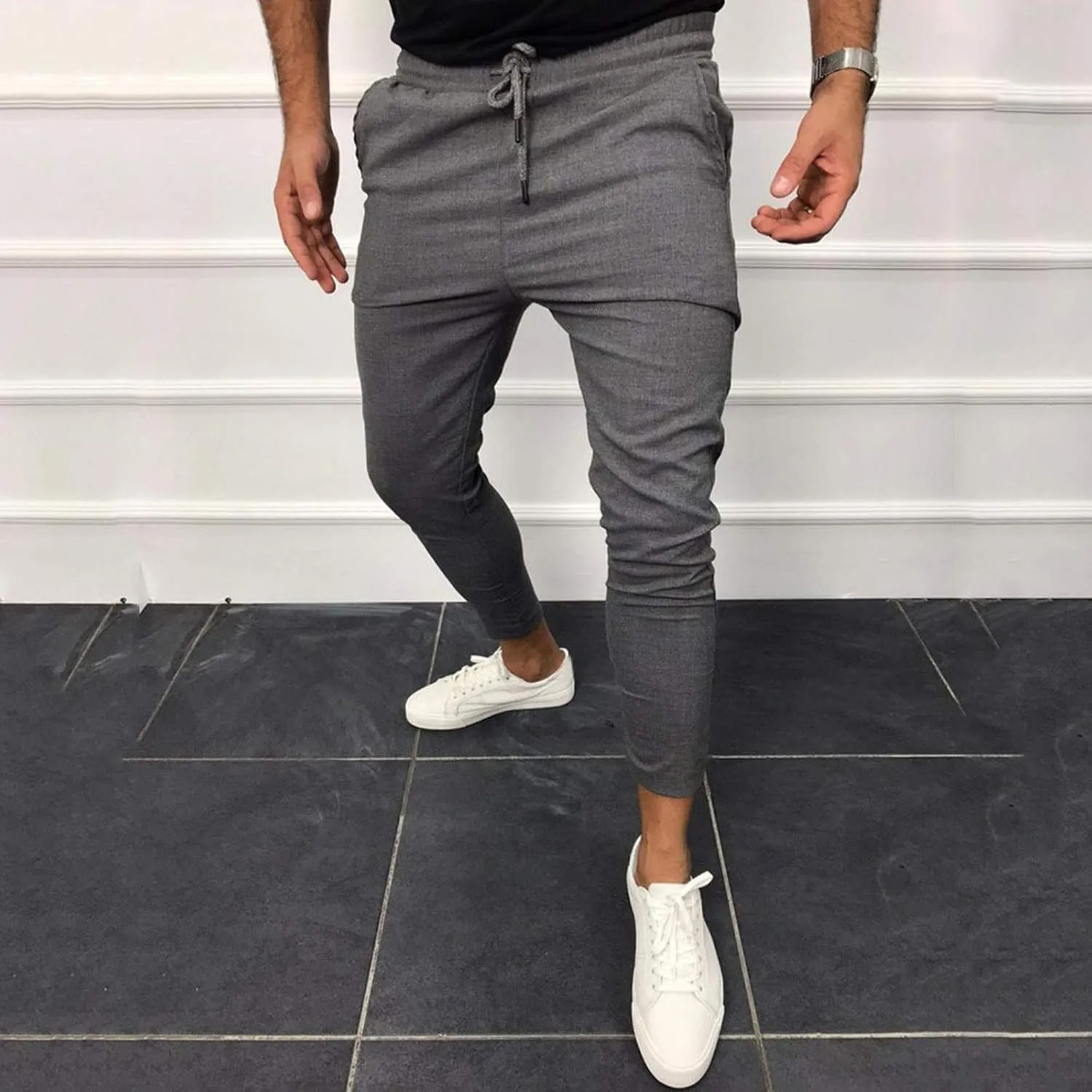 Mens Chinos Slim Fit Stretch Flat-Front Skinny Dress Pants, Plaid Print Zipper Up Long Lightweight Pants Trousers