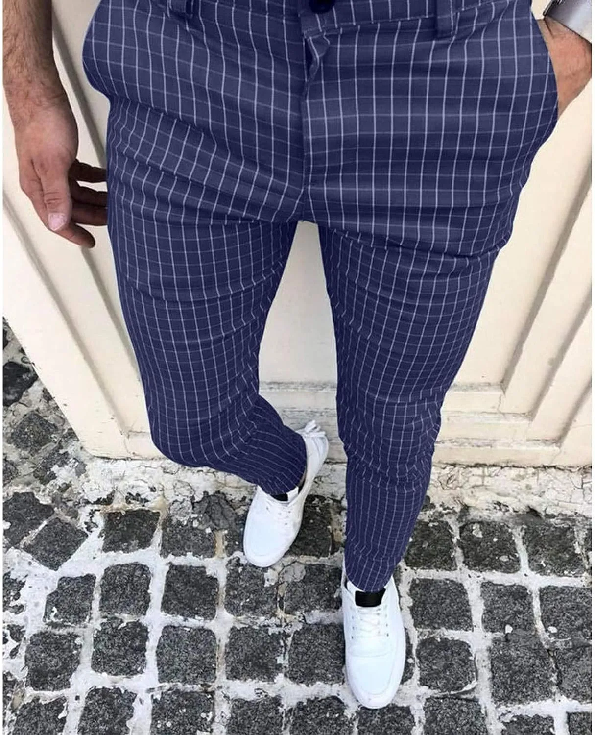 Mens Chinos Slim Fit Stretch Flat-Front Skinny Dress Pants, Plaid Print Zipper Up Long Lightweight Pants Trousers
