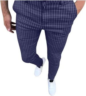 Mens Chinos Slim Fit Stretch Flat-Front Skinny Dress Pants, Plaid Print Zipper Up Long Lightweight Pants Trousers