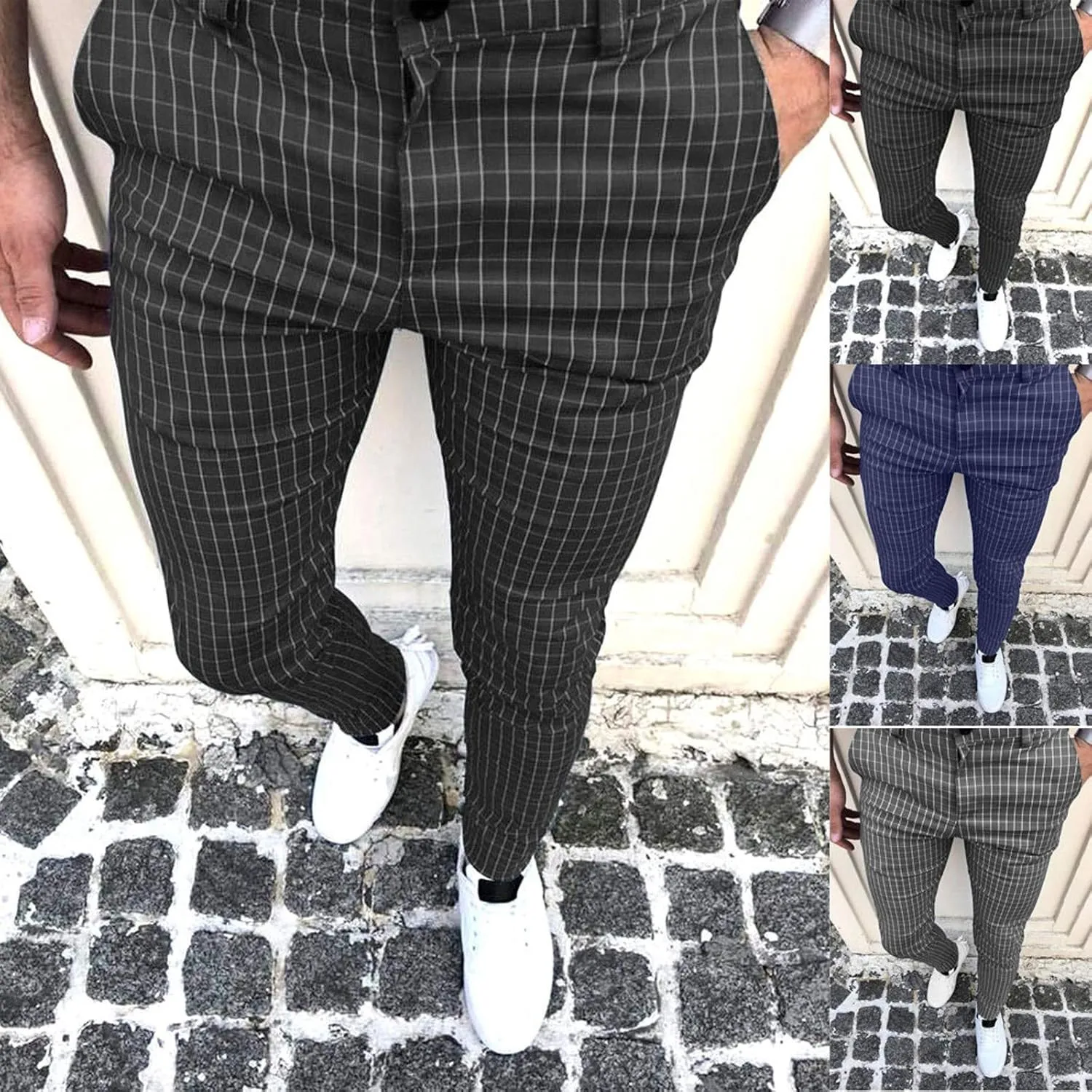 Mens Chinos Slim Fit Stretch Flat-Front Skinny Dress Pants, Plaid Print Zipper Up Long Lightweight Pants Trousers