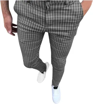 Mens Chinos Slim Fit Stretch Flat-Front Skinny Dress Pants, Plaid Print Zipper Up Long Lightweight Pants Trousers