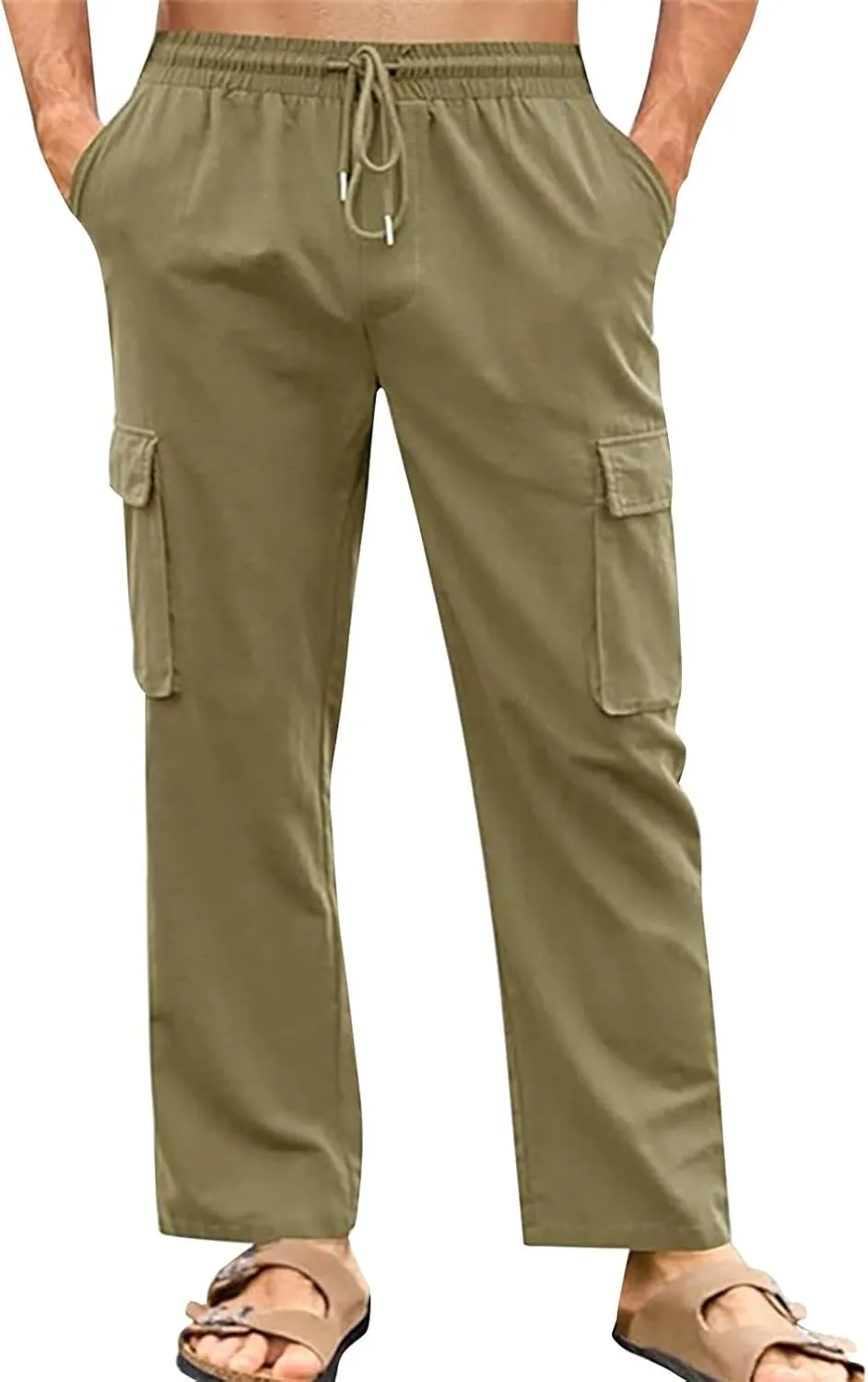 Men's Cotton Linen Cargo Pants Breathable Elastic Waist Drawstring Casual Loose Summer Beach Pants 2025