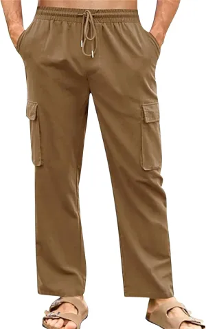 Men's Cotton Linen Cargo Pants Breathable Elastic Waist Drawstring Casual Loose Summer Beach Pants 2025