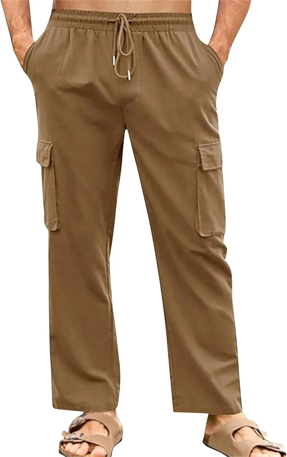 Men's Cotton Linen Cargo Pants Breathable Elastic Waist Drawstring Casual Loose Summer Beach Pants 2025