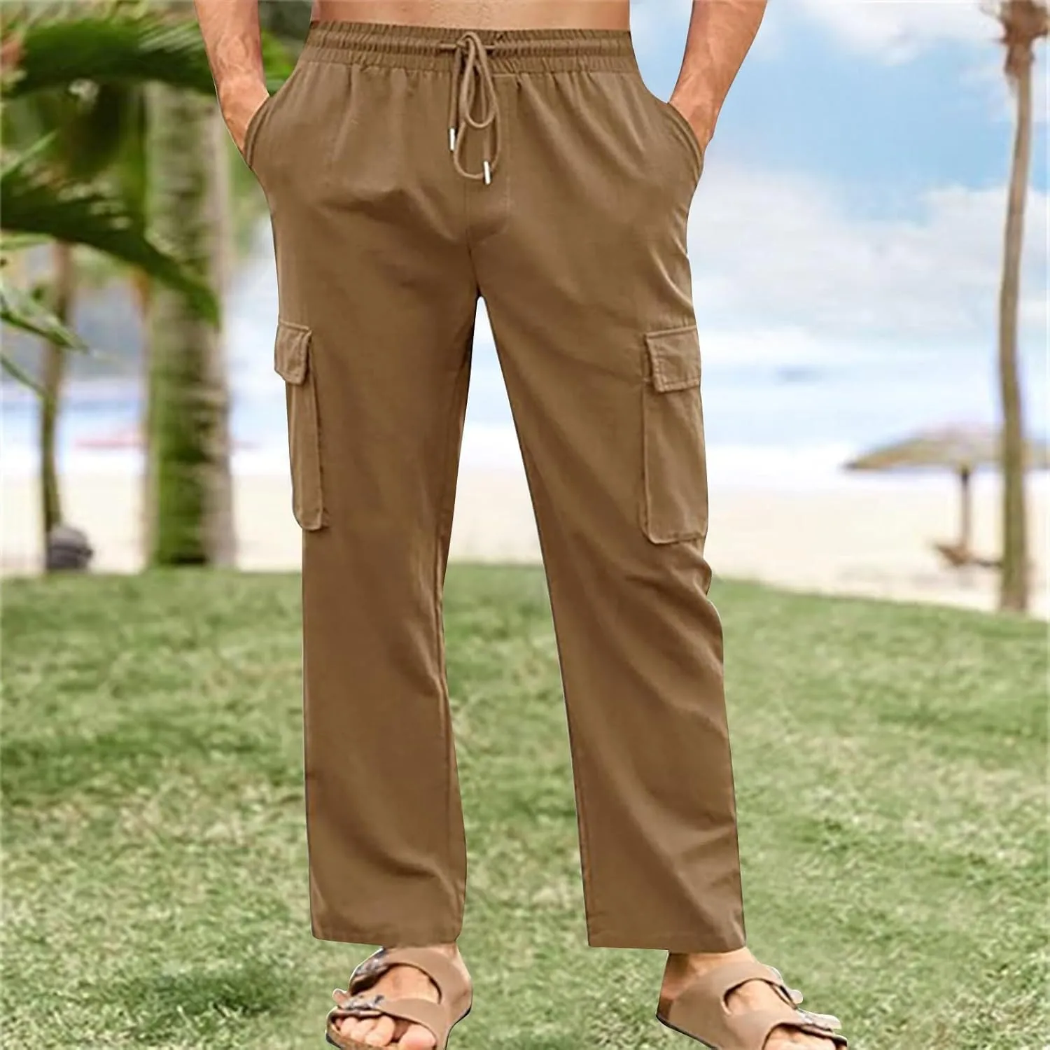 Men's Cotton Linen Cargo Pants Breathable Elastic Waist Drawstring Casual Loose Summer Beach Pants 2025