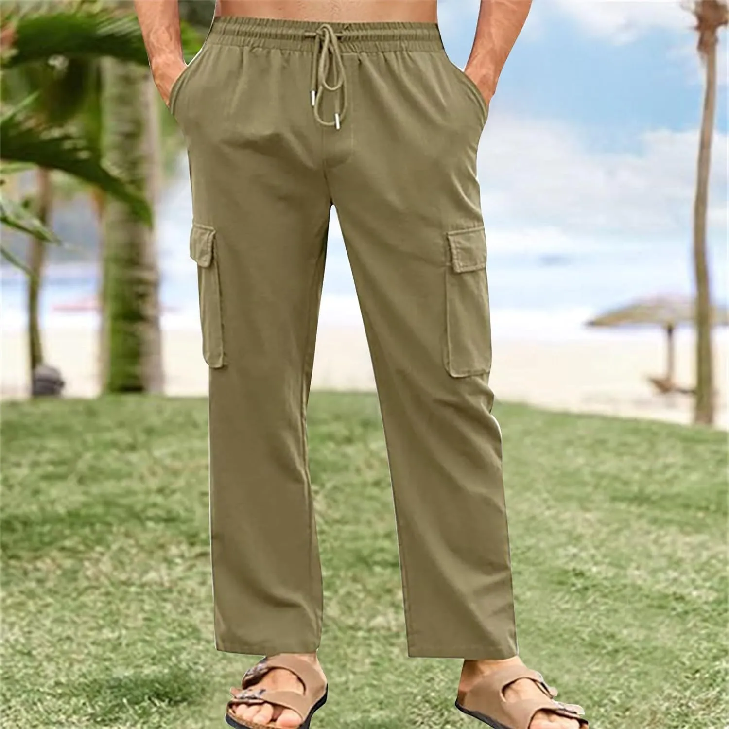Men's Cotton Linen Cargo Pants Breathable Elastic Waist Drawstring Casual Loose Summer Beach Pants 2025