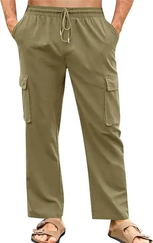 Men's Cotton Linen Cargo Pants Breathable Elastic Waist Drawstring Casual Loose Summer Beach Pants 2025