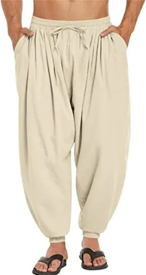 Men's Cotton Linen Casual Pants Solid Color Elastic Waist Drawstring with Pockets