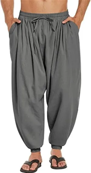 Men's Cotton Linen Casual Pants Solid Color Elastic Waist Drawstring with Pockets