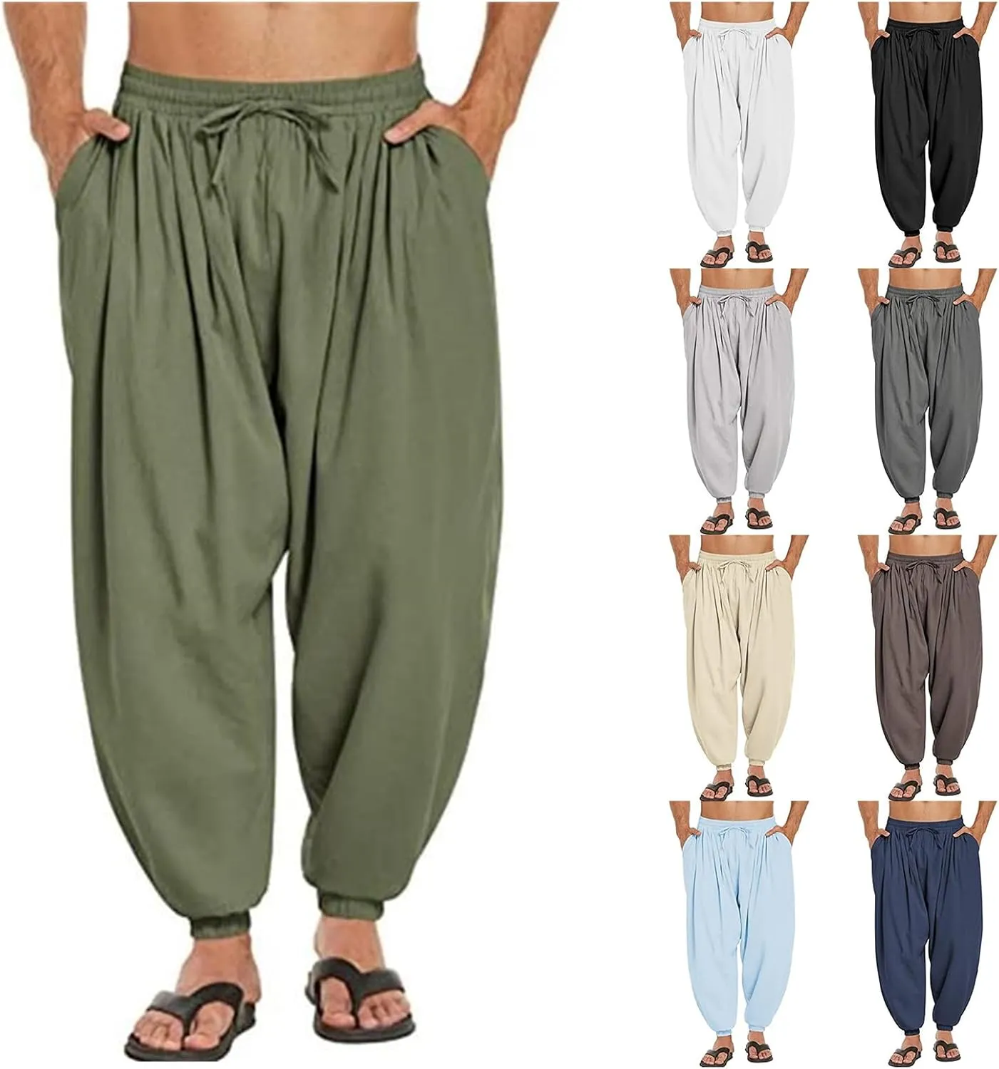 Men's Cotton Linen Casual Pants Solid Color Elastic Waist Drawstring with Pockets