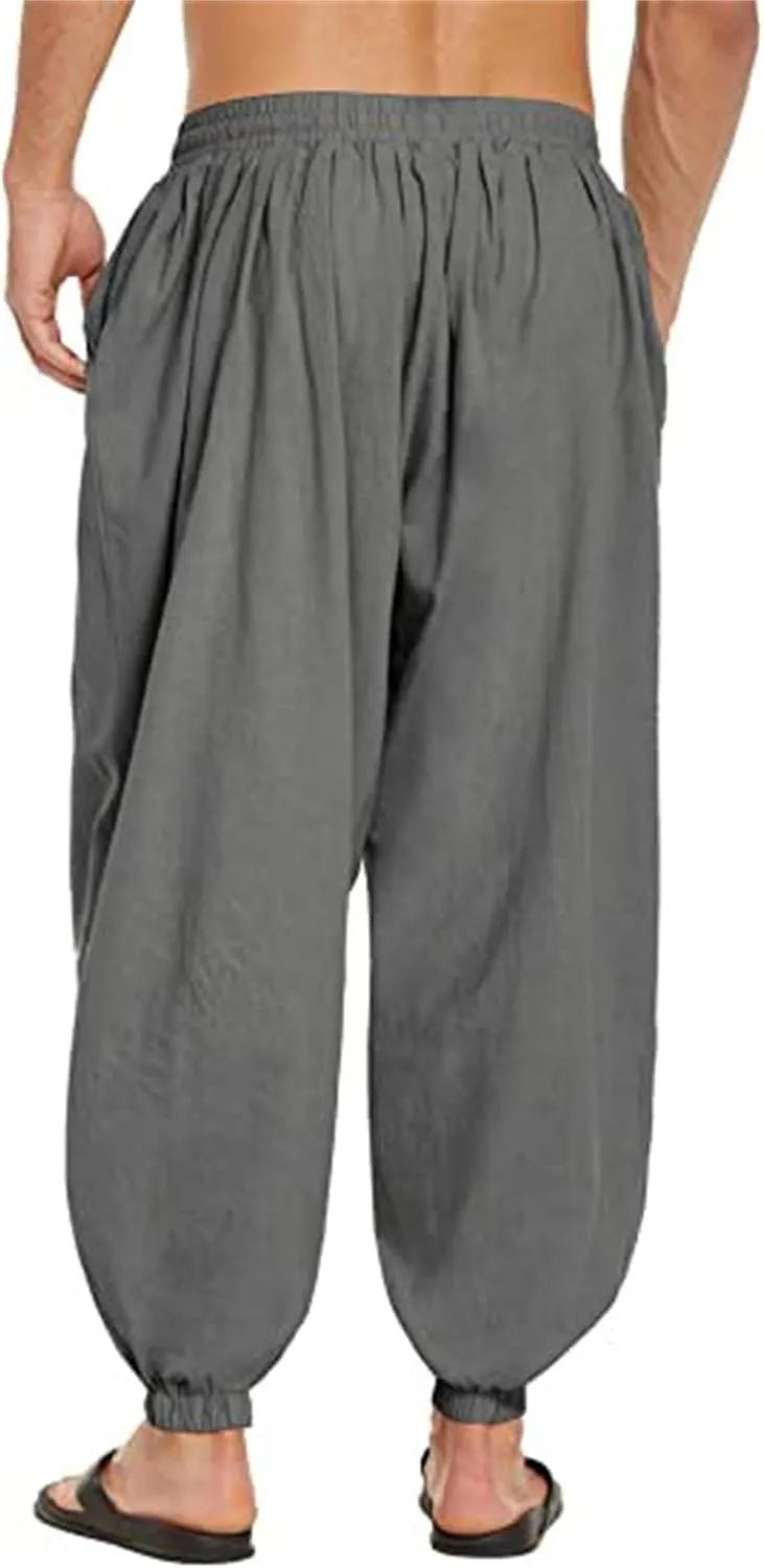 Men's Cotton Linen Casual Pants Solid Color Elastic Waist Drawstring with Pockets