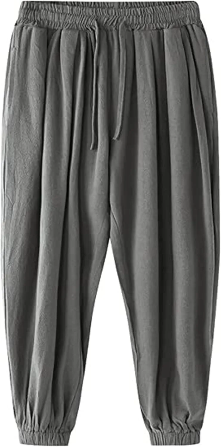 Men's Cotton Linen Casual Pants Solid Color Elastic Waist Drawstring with Pockets