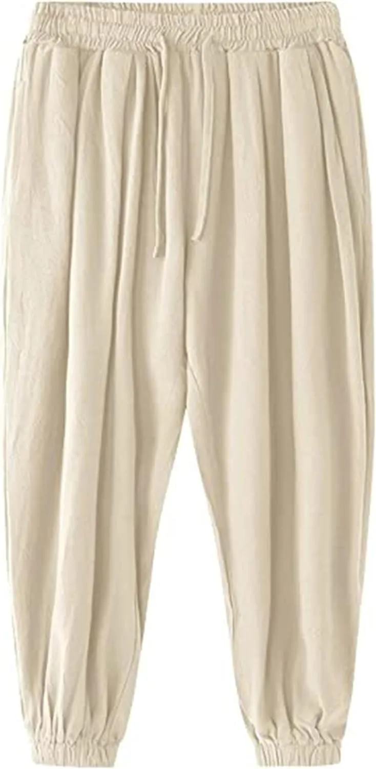 Men's Cotton Linen Casual Pants Solid Color Elastic Waist Drawstring with Pockets