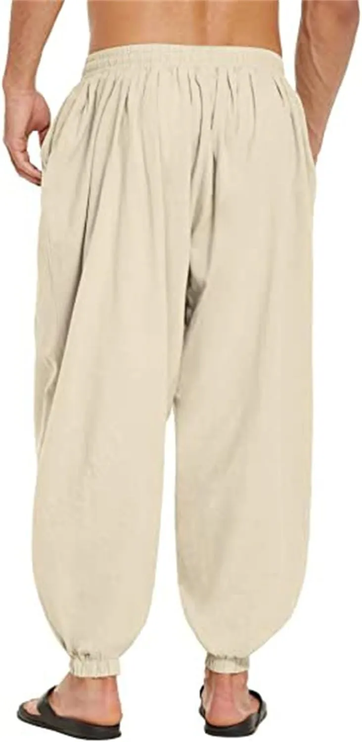 Men's Cotton Linen Casual Pants Solid Color Elastic Waist Drawstring with Pockets