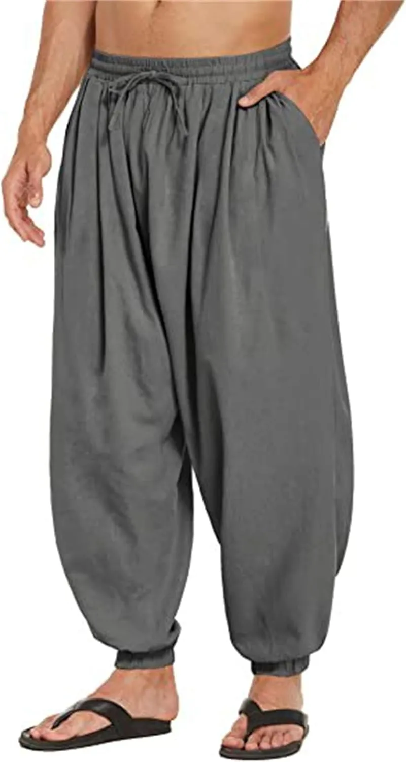 Men's Cotton Linen Casual Pants Solid Color Elastic Waist Drawstring with Pockets