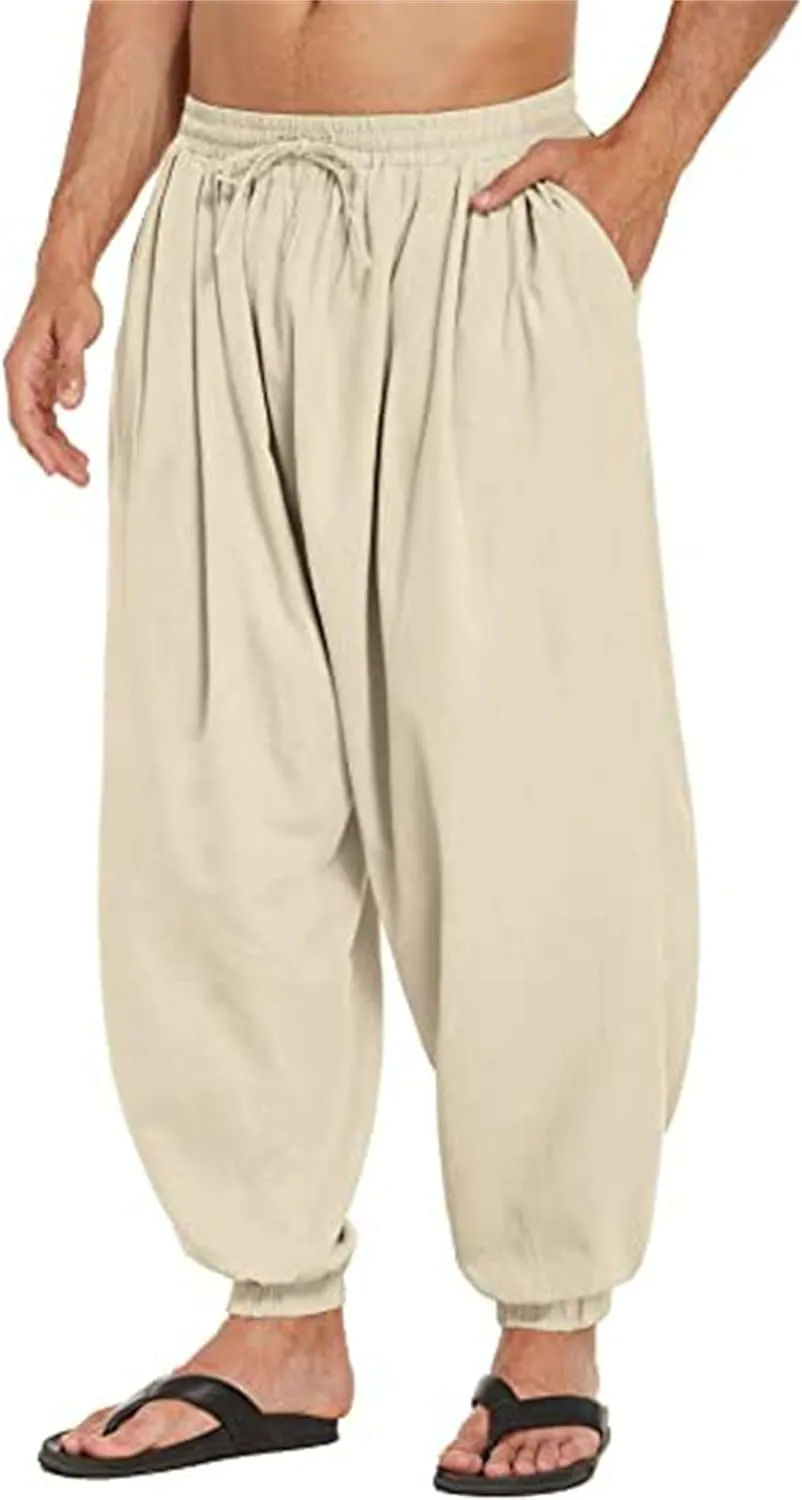 Men's Cotton Linen Casual Pants Solid Color Elastic Waist Drawstring with Pockets