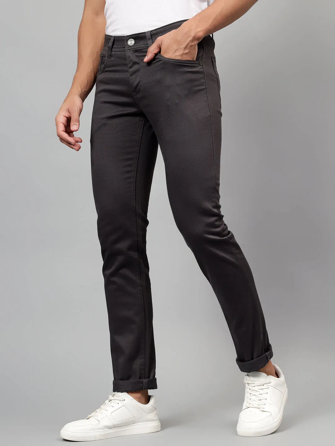 Men's Dark Grey Self-Design Non-Pleated Casual Trouser
