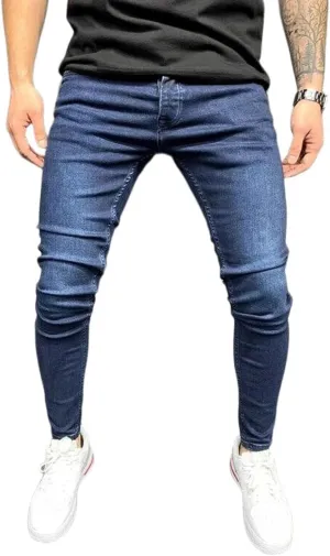 Men's Denim Pants Slim Fit Stretch Casual Flat Front Classic Essential Denim Jeans with Pockets