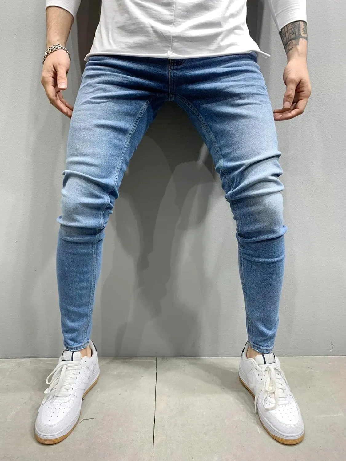 Men's Denim Pants Slim Fit Stretch Casual Flat Front Classic Essential Denim Jeans with Pockets