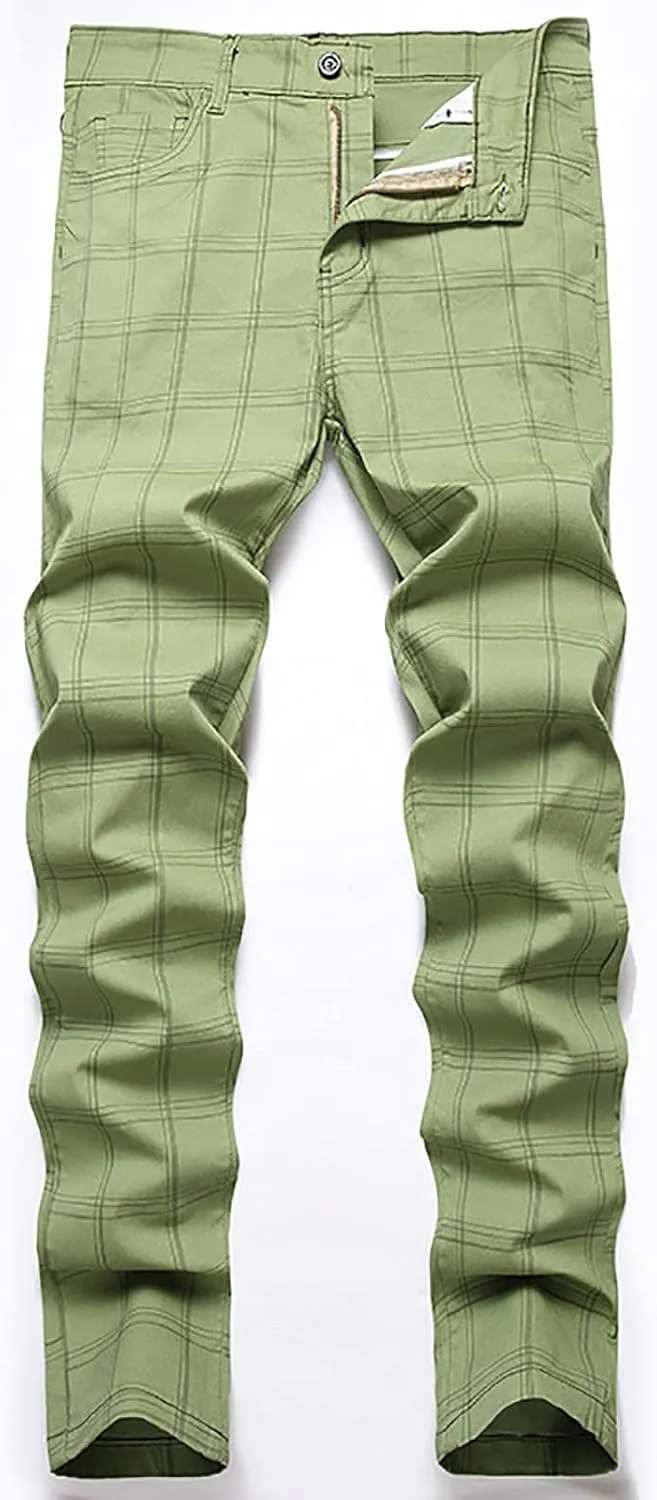 Mens Dress Pants Slim Fit Stretch Striped Plaid Denim Suit Pants Fashion Cotton Slacks Work Jean Straight Legs
